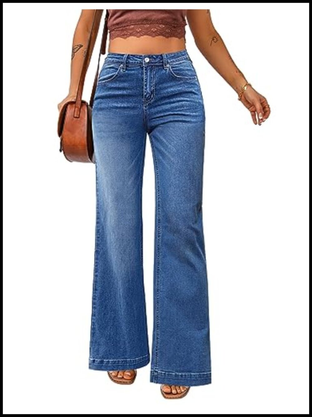 High Waist Wide Leg Stretchy Jeans Five Pocket Zip Fly Flare Denim Pants